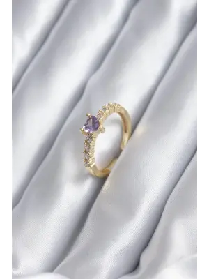 Altın Zirkon Taşlı Mor Kristal Kalp Model Çelik Yüzük
