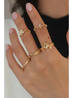 Gold Renk Zirkon Taşlı Papatya Figür Kadın Yüzük Kombini