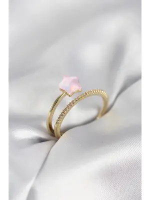 Gold Renk Zirkon Taşlı Pembe Halley Model Kadın Yüzük