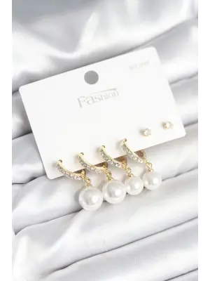 Gold Renk Zirkon Taşlı Pirinç İncili 925 Ayar Gümüş Çivili Küpe Seti