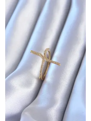 Altın Zirkon Taşlı Simetri Çelik Yüzük