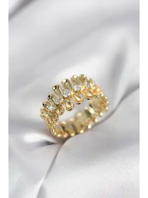 Gold Renk Zirkon Taşlı Sıralı Damla Model Kadın Yüzük