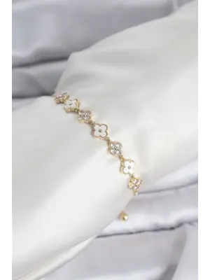 Gold Renk Zirkon Taşlı Sıralı Yonca Model Asansörlü Kadın Bileklik
