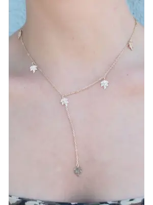 Gold Renk Zirkon Taşlı Yaprak Figür Kadın Kolye