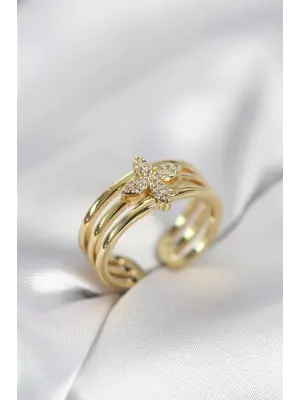 Gold Renk Zirkon Taşlı Yonca Model Kadın Yüzük