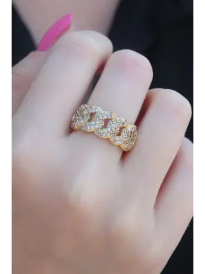 Gold Renk Zirkon Taşlı Zincir Model Kadın Yüzük