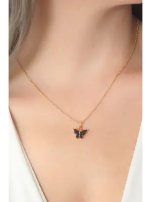 Altın Siyah  Kelebek Figür  Çelik Kolye