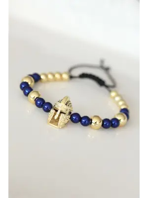 Gold Taşlı Miğfer Figürlü Lacivert Renk Çelik Bileklik