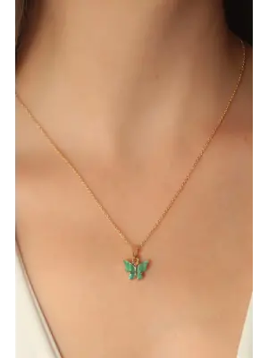 Altın Yeşil  Kelebek Figür  Çelik Kolye