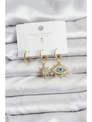 Göz Model Gold Renk Pirinç 3lü Kadın Küpe Seti