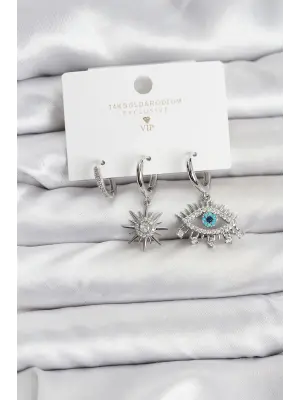 Göz Model Gümüş Renk Pirinç 3lü Kadın Küpe Seti