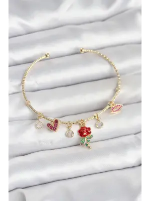 Gül Charmlı Gold Renk Pirinç Kadın Bileklik
