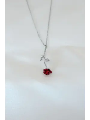 Gümüş Kaplama Kırmızı Gül Figürlü  Çelik Kolye