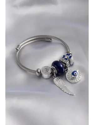 Gümüş Lacivert Renk Göz Figür Kanat Detay Zirkon Taşlı Charm Model Kadın Bileklik