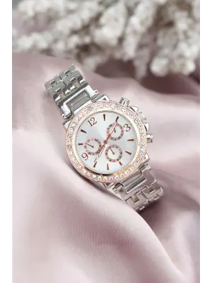 Gümüş Metal Kordonlu Rose Zirkon Taşlı Kasa Tasarımlı Kadın Saat