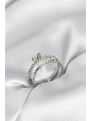 Gümüş Renk 2li Zirkon Taşlı Kelebek Model Kadın Yüzük