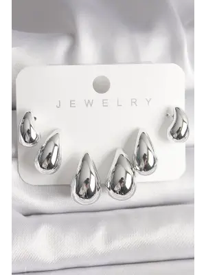 Gümüş 3Lü Damla Model CCB Plastik Çelik Küpe Seti