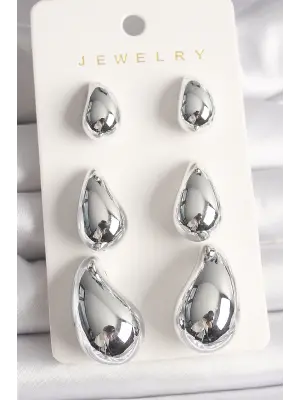 Gümüş 3Lü Damla Model CCB Plastik Çelik Küpe Seti