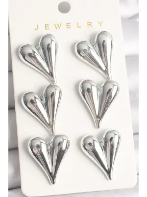 Gümüş 3Lü Kalp Model CCB Plasik Çelik Küpe Seti