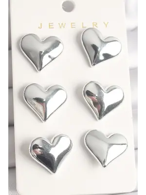 Gümüş 3Lü Kalp Model CCB Plastik Çelik Küpe Seti
