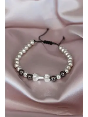 Gümüş Renk Dambıl Aksesuarlı El Örgüsü Erkek Bileklik