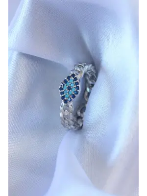 Gümüş Renk Göz Model Nazar Boncuk Kadın Yüzük