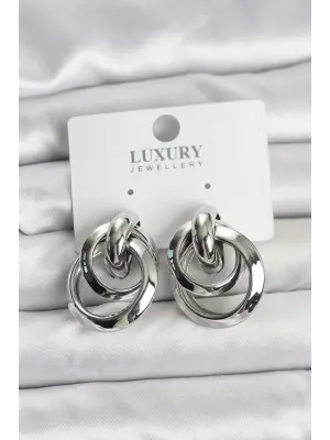 Gümüş Renk İç İçe Geçmiş Halka Model Çelik Kadın Küpe