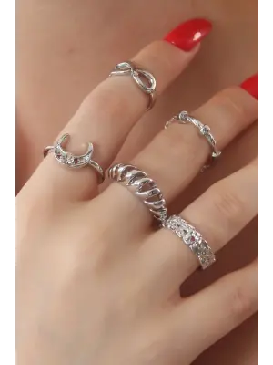 Gümüş Renk Hilal Figür Zirkon Taşlı Bayan Yüzük Kombin