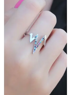 Gümüş Renk Karışık Renk Zirkon Taşlı Ritim Model Kadın Yüzük