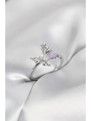 Gümüş Renk Kelebek Model Zirkon Taşlı Kadın Yüzük