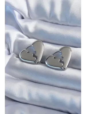 Gümüş Kırık Kalp Model  Çelik Küpe