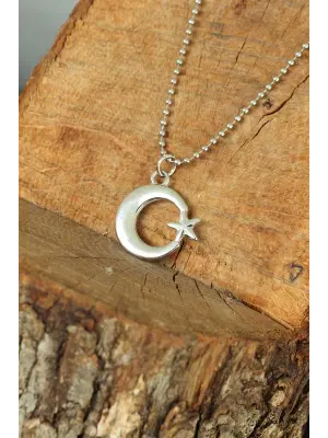 Gümüş Renk Krom Kaplama Kararmaz Ay Yıldız Tasarım Metal Erkek Kolye