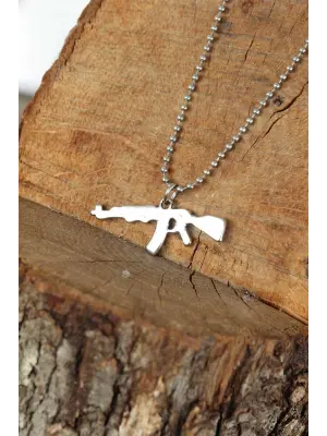 Gümüş Renk Krom Kaplama Kararmaz Tüfek Tasarım Metal Erkek Kolye