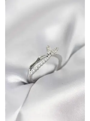 Gümüş Renk Kuyruklu Kelebek Model İncili Kadın Yüzük