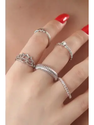 Gümüş Renk Lotus Figür Zirkon Taşlı Sarmal Model Bayan Yüzük Kombin