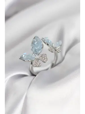 Gümüş Renk Mavi Kelebek Model Zirkon Taşlı Kadın Yüzük