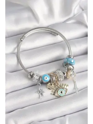 Gümüş Renk Mavi Zirkon Taş Nazar Detaylı Göz Figür Charm Bileklik