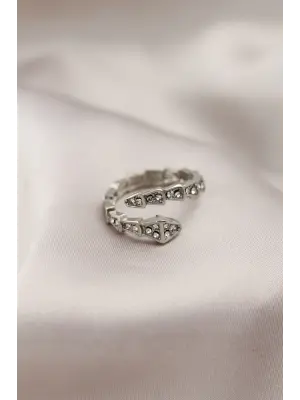 Gümüş Metal Yılan Tasarımlı Taşlı Çelik Yüzük