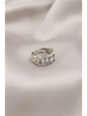 Gümüş Metal Zincir Model Taşlı Çelik Yüzük