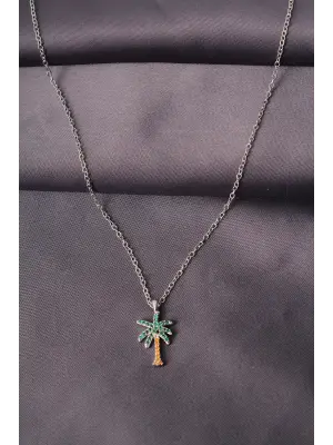 Gümüş Renk Metal Zirkon Taş Palmiye Ağaç Tasarımlı Kadın Kolye