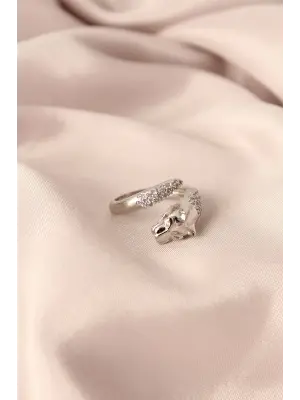 Gümüş Renk Metal Zirkon Taşlı Kaplan Model Ayarlanabilir Kadın Yüzük