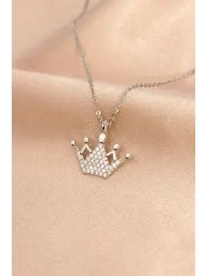 Gümüş Renk Metal Zirkon Taşlı Taç Kolye