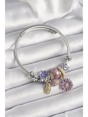 Gümüş Renk Mor Renkli Çiçek Model Charm Bileklik