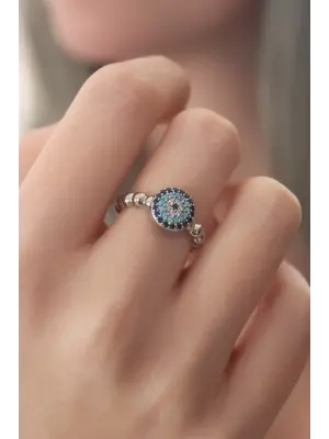 Gümüş Nazar Boncuk Figür Zirkon Taş Detay Çelik Yüzük