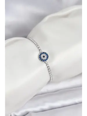 Gümüş Renk Nazar Model Zirkon Taşlı Asansörlü Su Yolu Bileklik