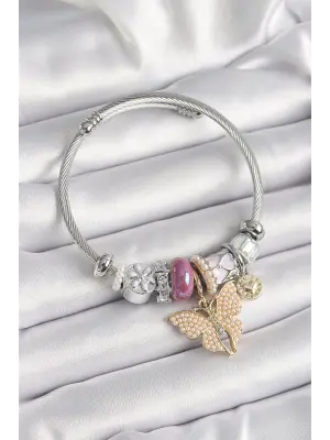 Gümüş Renk Pembe Kalp Detaylı İnci Detaylı Kelebek Figür Charm Bileklik