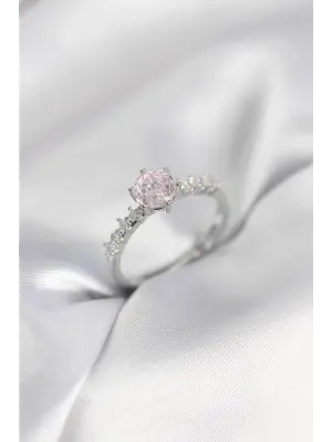 Gümüş Renk Pembe Tek Taş Model Zirkon Taşlı Kadın Yüzük