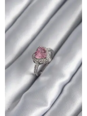 Gümüş Pembe Zirkon Taşlı Charm Kalp Model Çelik Yüzük