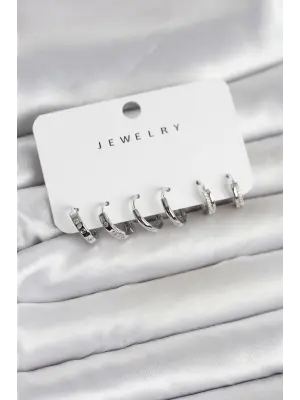 Gümüş Renk Pirinç 3 Çift Kadın Küpe Seti