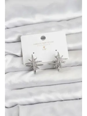 Gümüş Renk Pirinç Çift Taraflı Kutup Yıldızı Kadın Küpe